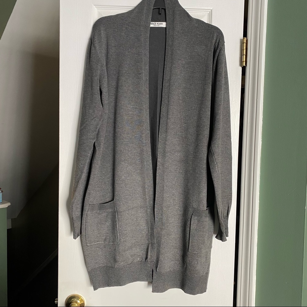 Grace Karin Long Gray Cardigan with Pockets - Picture 3 of 5
